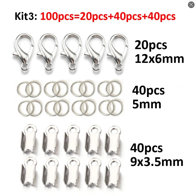 100pcs Jewelry Making Kit Components Lobster Clasp Jump Rings Connector Crimp End Beads for DIY Bracelet Necklace Chains
