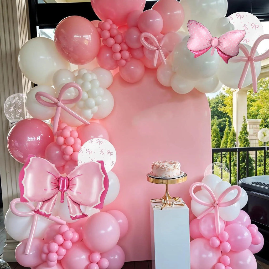 Bow Balloons, Light Baby Pink White Clear Pastel Balloons with Bow Foil Balloon for Girl Princess Bridal Birthday Party Supplies