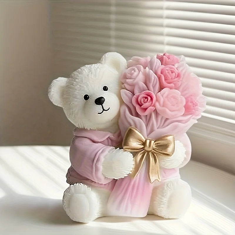 Cute Bear Holding Flower 3D Silicone Mold for Clay Candle Plaster Craft, Valentine Wedding Christmas Birthday Gift Decor