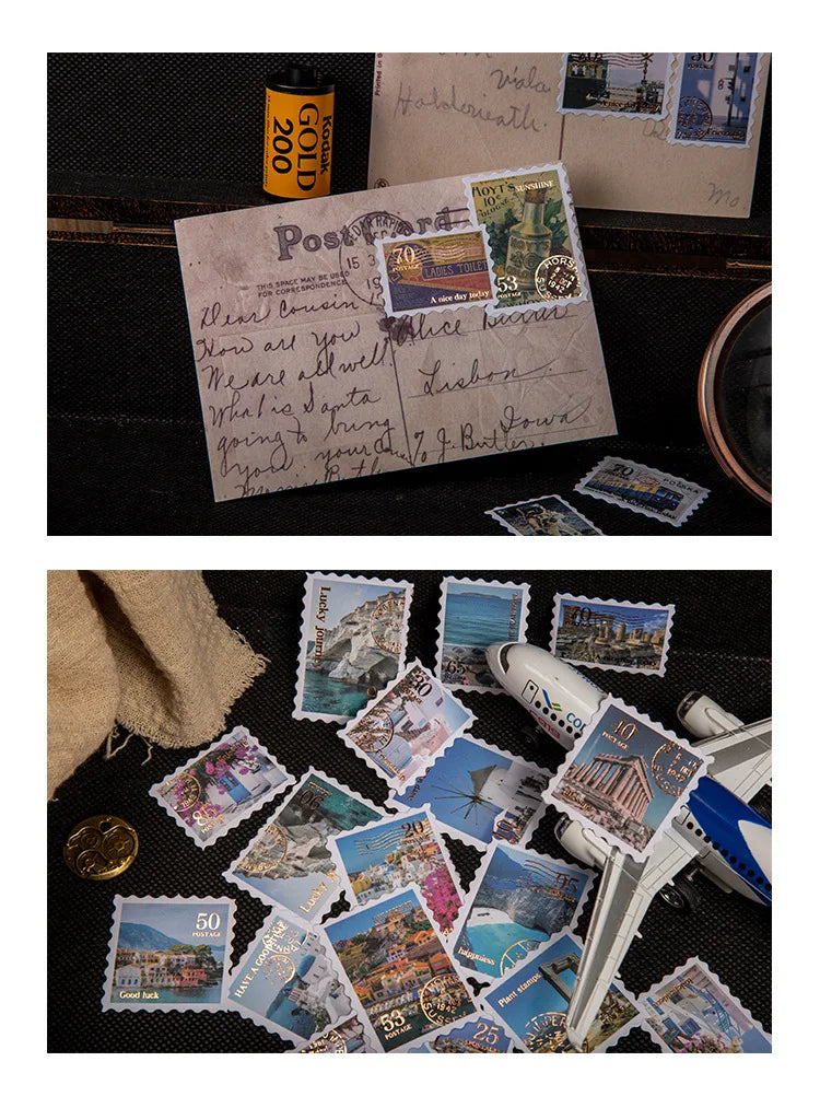 6style 30 pcs Travel Philatelic Stamp Decorative Gold Stickers DIY Scrapbook Label Diary Stationery Album Journal Sticker