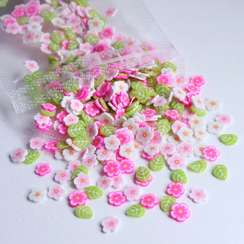 10g Pink Flowers Polymer Clay Slices Epoxy Resin Filling Mixed Cherry Blossom Leaf Slime Flake Spring DIY Pendant Crafts Making
