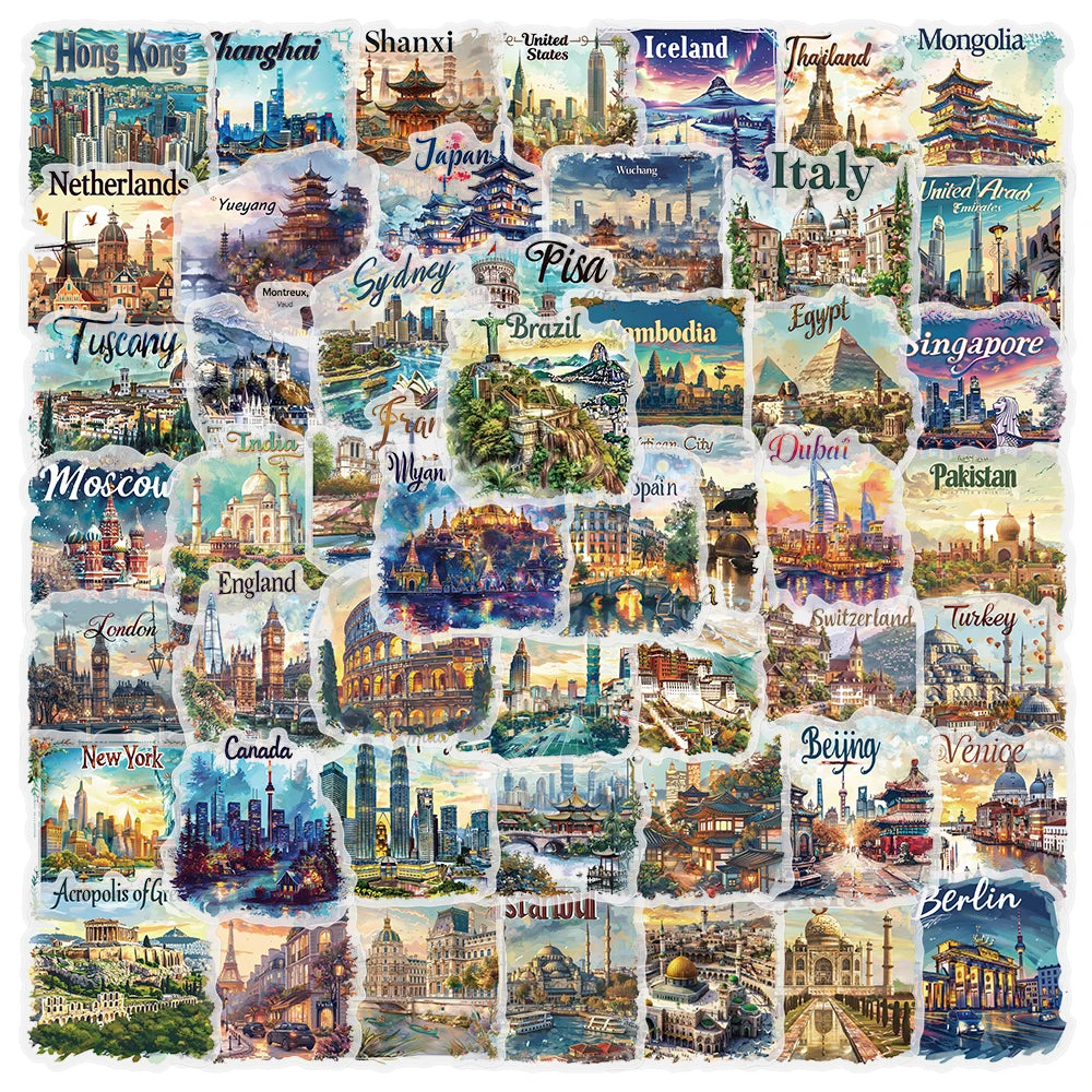 50pcs travel postcard stickers world city landmark DIY guitar helmet scrapbook skateboard laptop decorative waterproof stickers
