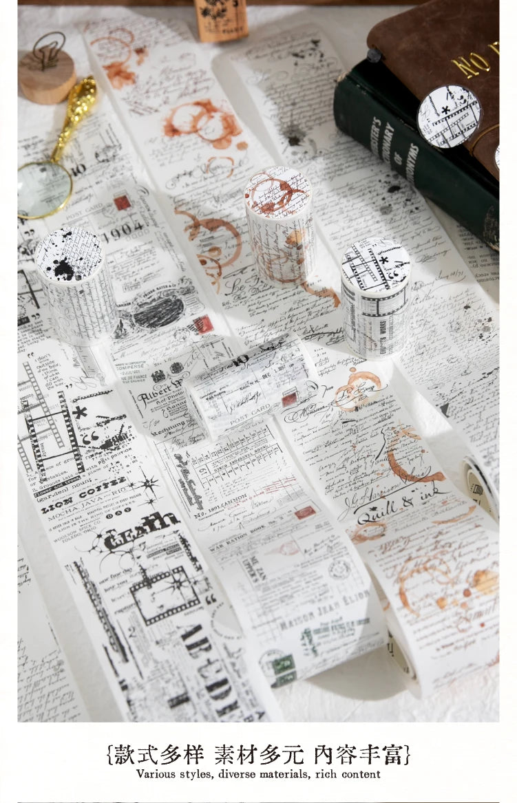 70mm * 200cm/roll retro style text manuscript theme Washi tape Collage Junk Journal Background Decoration sticker DIY scrapbook