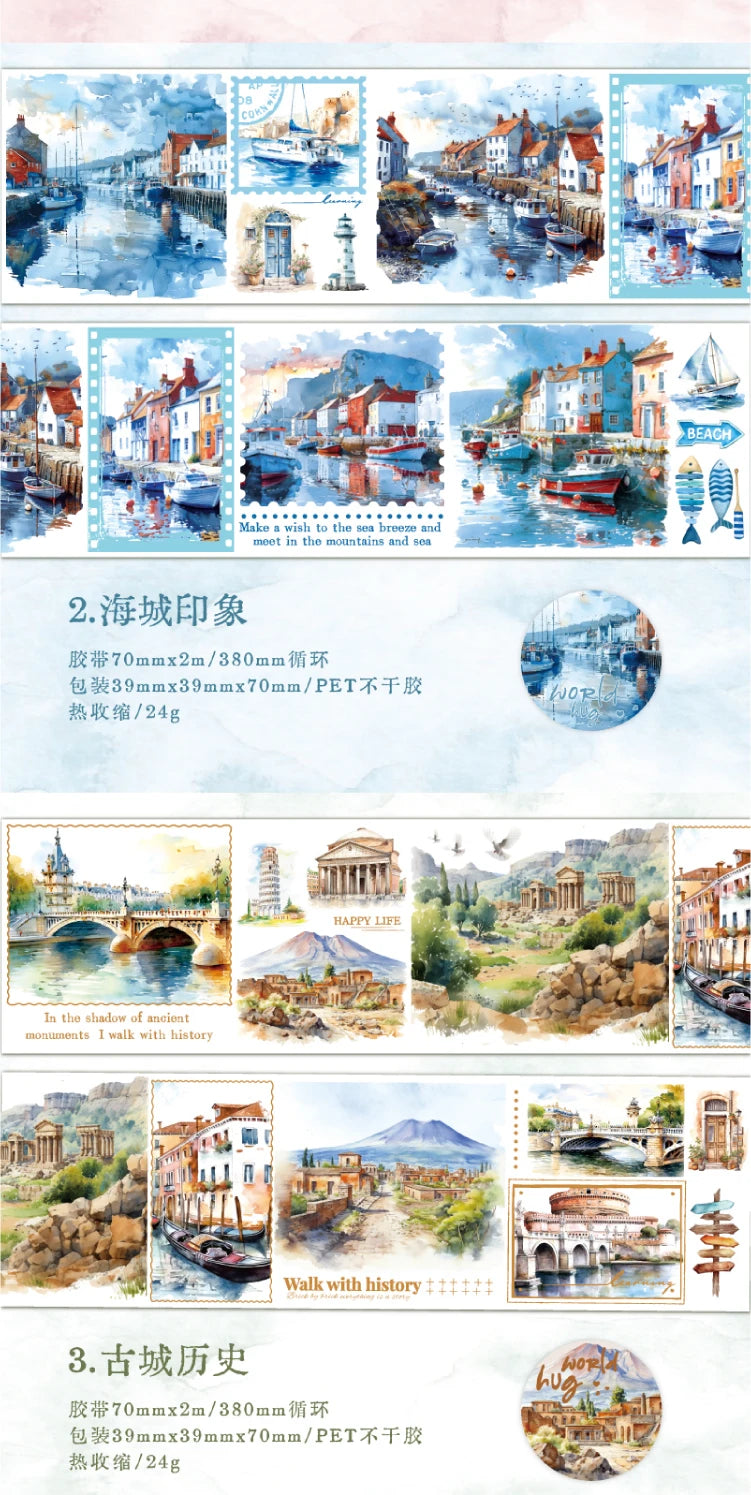 Yoofun 7x200cm Travelling The World Buildings Washi Tape DIY Scrapbooking Collage Junk Journal Sticker Label Masking Tape