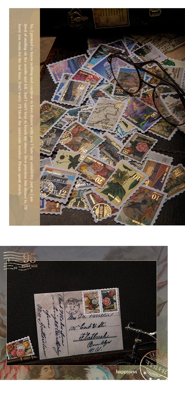 6style 30 pcs Travel Philatelic Stamp Decorative Gold Stickers DIY Scrapbook Label Diary Stationery Album Journal Sticker