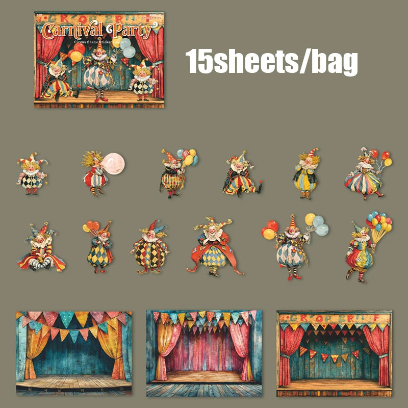 Mr. Paper Carnival Party Stickers 15pcs - Circus Diorama Card Decals, Creative Journal Collage, Themed Diary Decor DIY Scrapbook