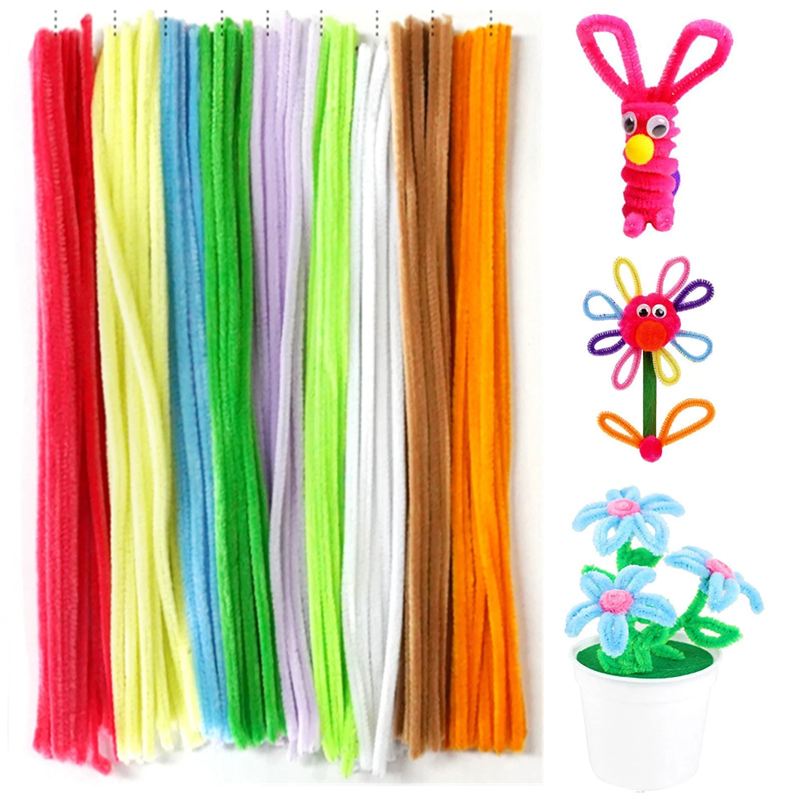 100 Pcs Colorful Chenille Stems Pipe Cleaners Plush Tinsel Stem Wired Sticks Twist Stick Hair Strip DIY Craft Educational Toys