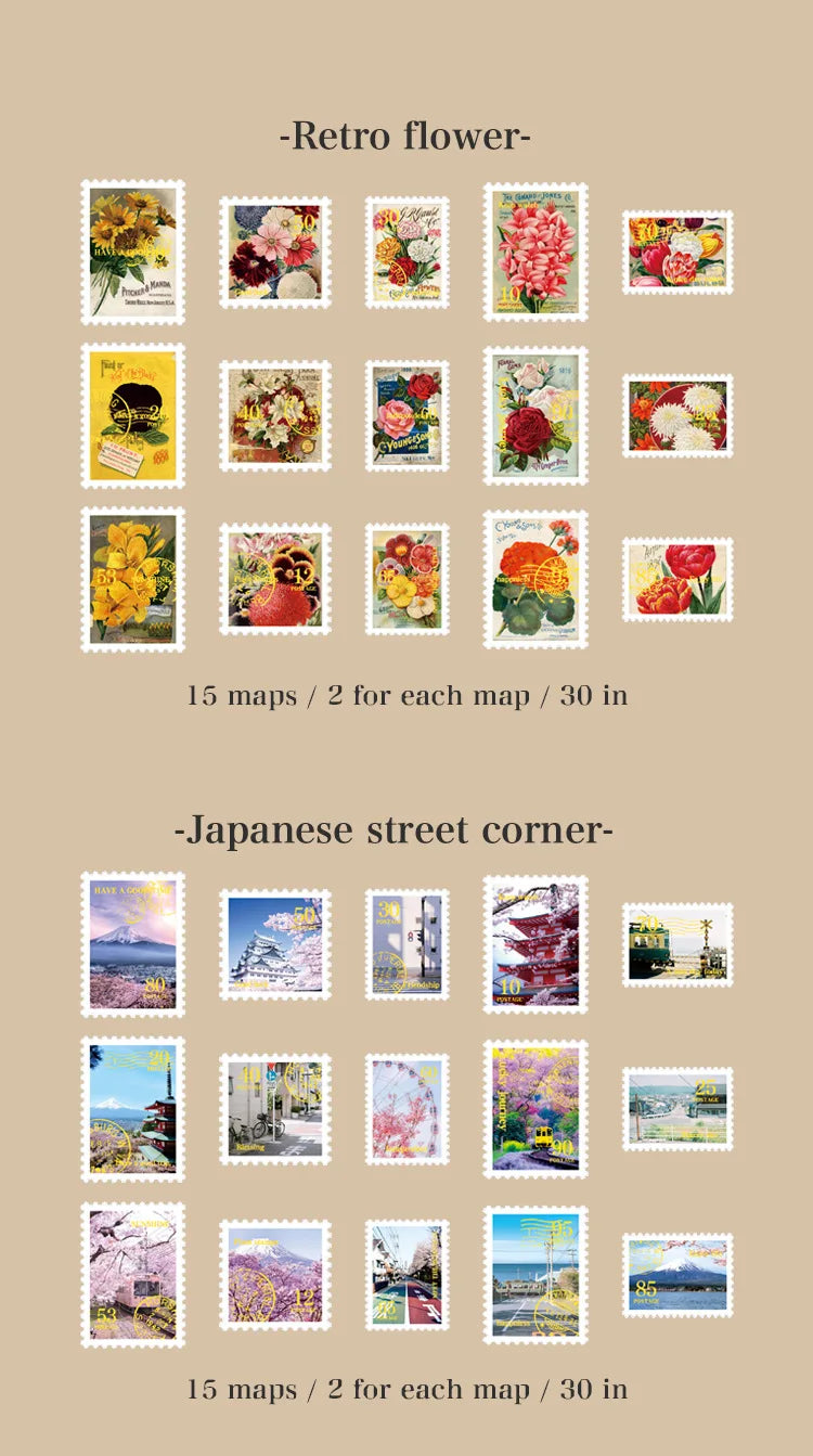 6style 30 pcs Travel Philatelic Stamp Decorative Gold Stickers DIY Scrapbook Label Diary Stationery Album Journal Sticker