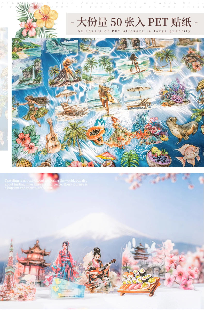 50pcs，Travel Scenery Themed Stickers Pack, Scrapbook Stickers，Perfect for Notebook Phone Case Diary Deco，Stationery  Supplies