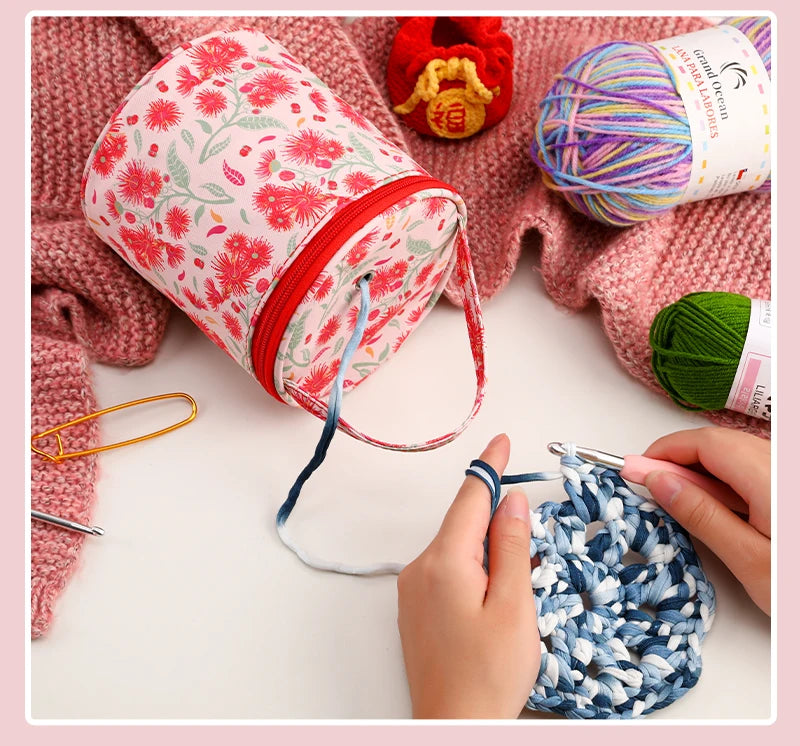 Round Yarn Handheld Storage Bag Portable Knitting Bag with Thread Hole DIY Yarn Sewing Tools Organize Crochet Hook Storage Bag