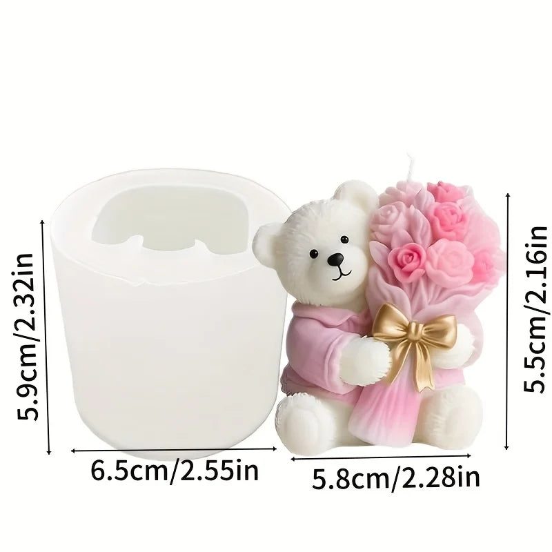 Cute Bear Holding Flower 3D Silicone Mold for Clay Candle Plaster Craft, Valentine Wedding Christmas Birthday Gift Decor