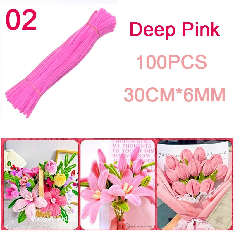 100Pcs Colorful Chenille Stems Pipe Cleaners Plush Tinsel Stem Wired Twist Sticks DIY Hair Flowers Kids Toys Handmade Craft Gift