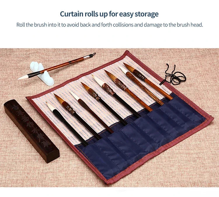 6/9/12/16Pcs Chinese Calligraphy Brushes Set with Roll-up Bamboo Brush Holder Sumi Painting Writing Kanji Art Watercolor Brush