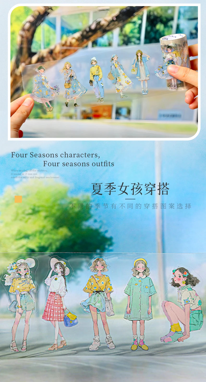 1 Roll Fashion Girl Stickers 4 Seasons Outfit DIY Scrapbook Journal Washi Tape For Phone Case Notebook Decoration Cute Stationer