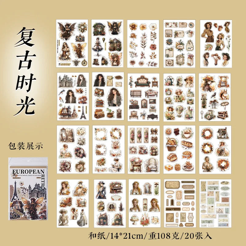 Mr. Paper, 20pcs/book, Vintage Floral Character Sticker Book, Scrapbook Supplies, Decorative Notebook, Photo Frame, Phone Case