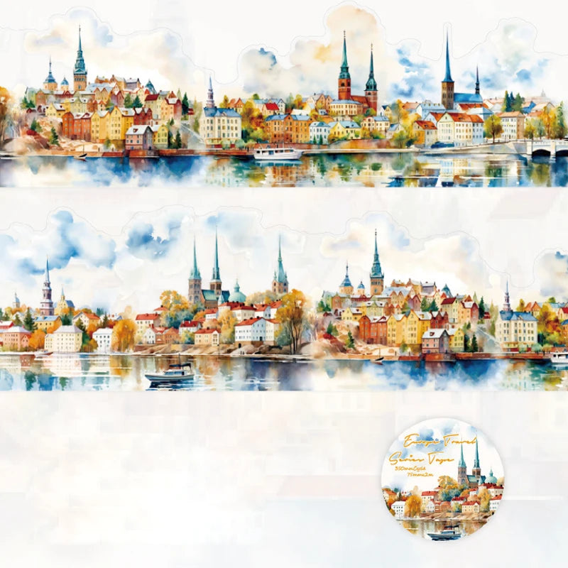 75mm x 2m Washi Tape Europe Travel PET Scenic DIY Scrapbooking Journal Planner Stickers for Phone Case Notebook Decoration