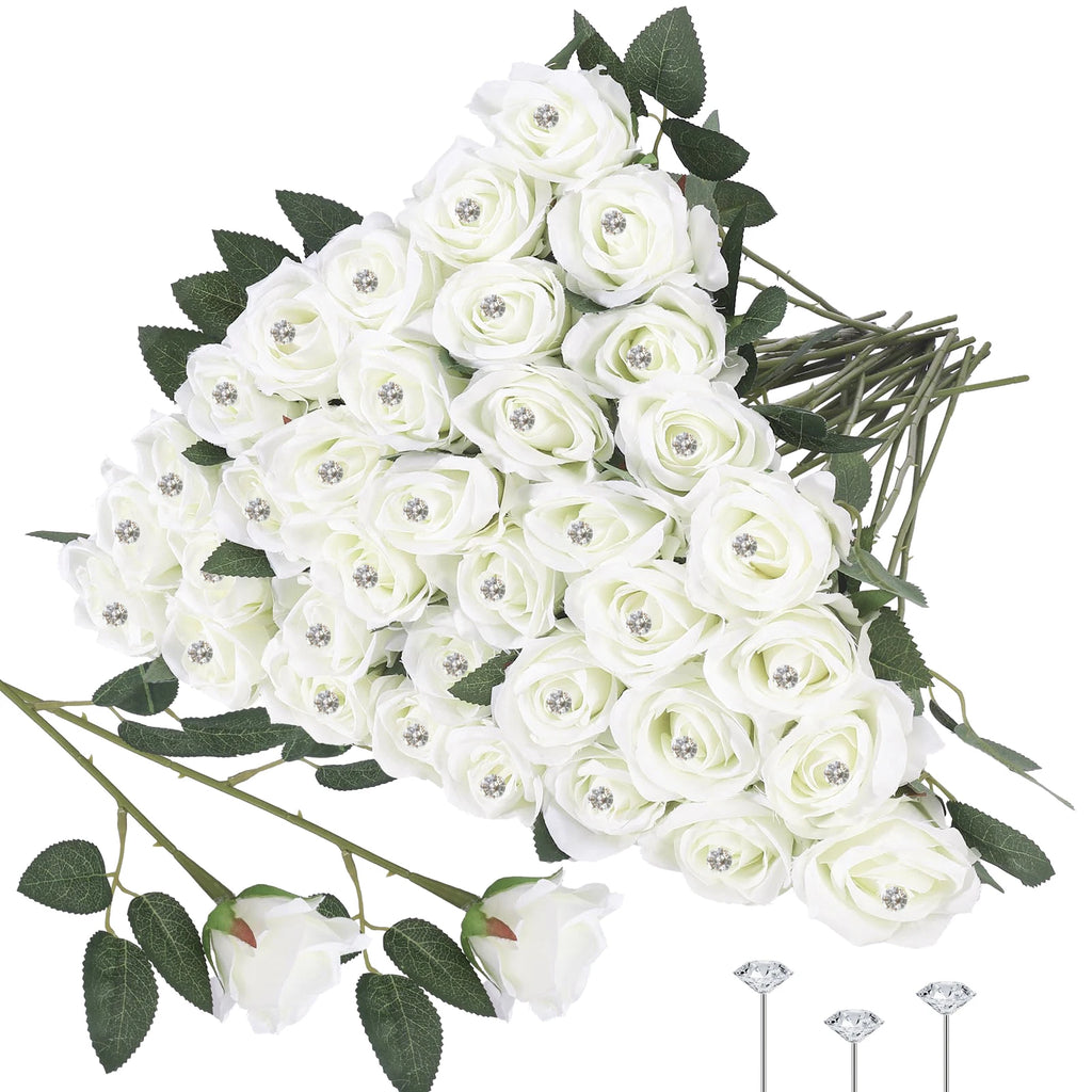 12-200Pcs Artificial Rose Flower Silk Roses with Diamond Valentine's Day Gift Fake Roses Red Roses for DIY Wedding Party Decor