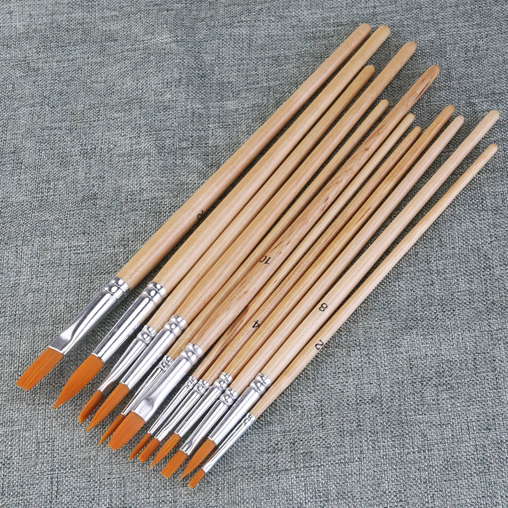 12Pcs Professional Watercolor Brush Set for Artists Acrylic Oil Painting Nylon Hairs Round Pointed Flat Double Crimped Ferrules