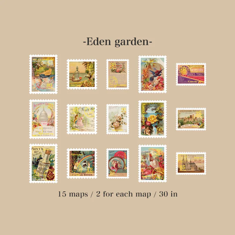 6style 30 pcs Travel Philatelic Stamp Decorative Gold Stickers DIY Scrapbook Label Diary Stationery Album Journal Sticker