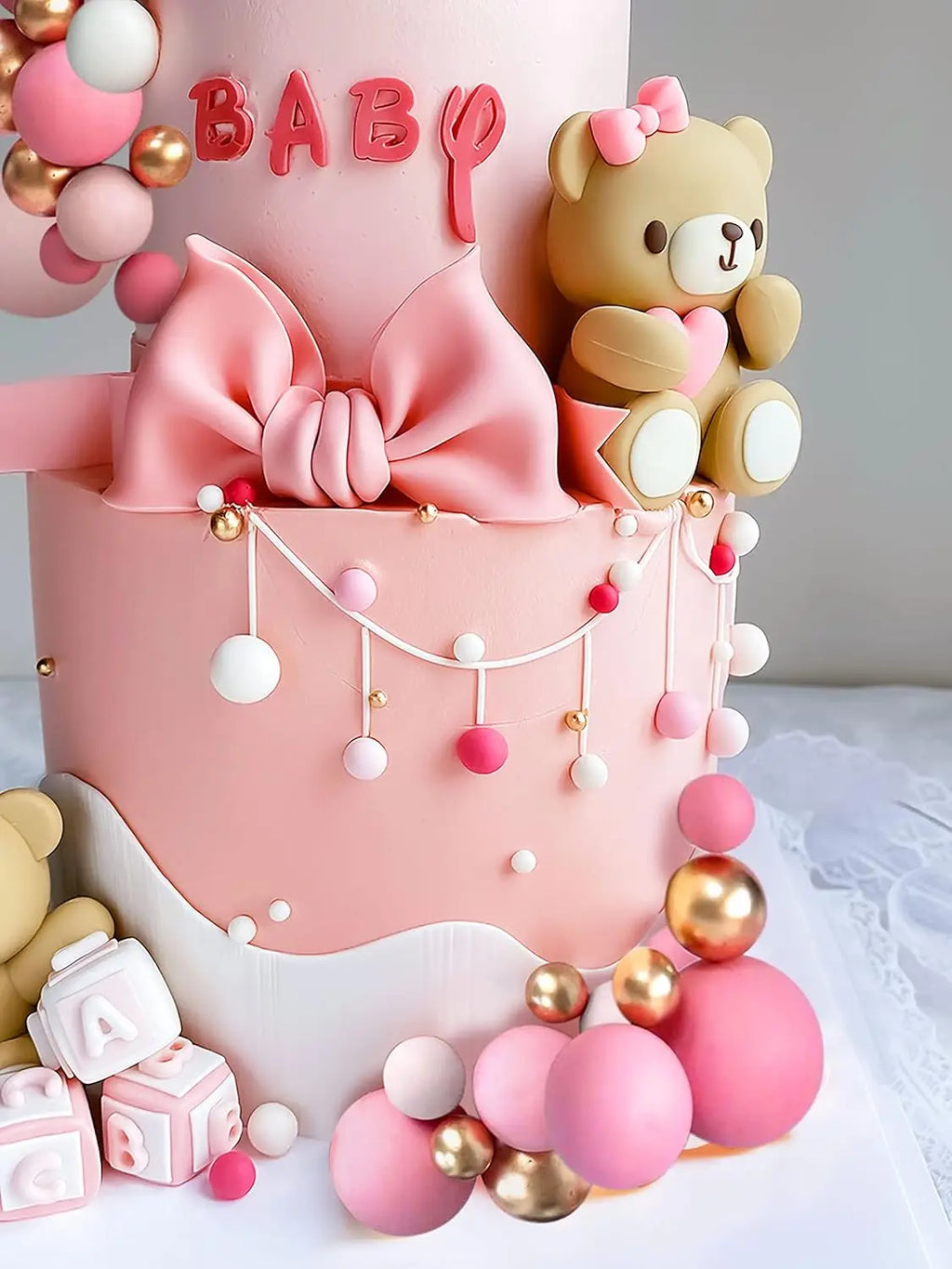 Luxury Teddy Bear Cake Decoration Bear Birthday Cake Topper With Bow for Baby Shower Girl's Birthday Party Supplies