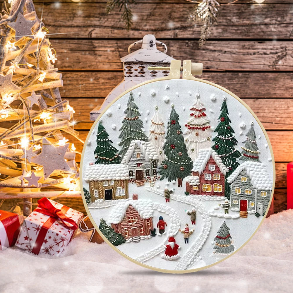 1-3Pcs Christmas Cross Stitch DIY Embroidery Kit Christmas Scene Includes Embroidery Hoop Embroidery Cloth Threads Needles