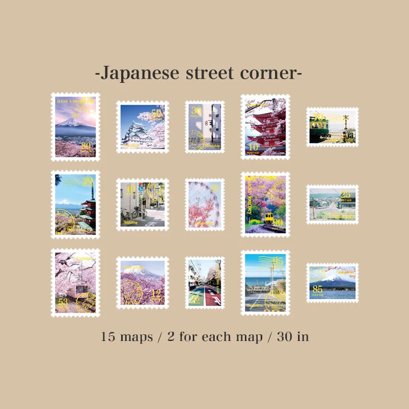 6style 30 pcs Travel Philatelic Stamp Decorative Gold Stickers DIY Scrapbook Label Diary Stationery Album Journal Sticker