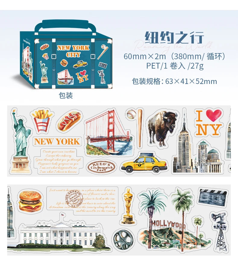 60mm*2m PET Tapes World Travel DIY Scrapbooking Decor Photo Album Collage Junk Journal Materials Aesthetics Stickers