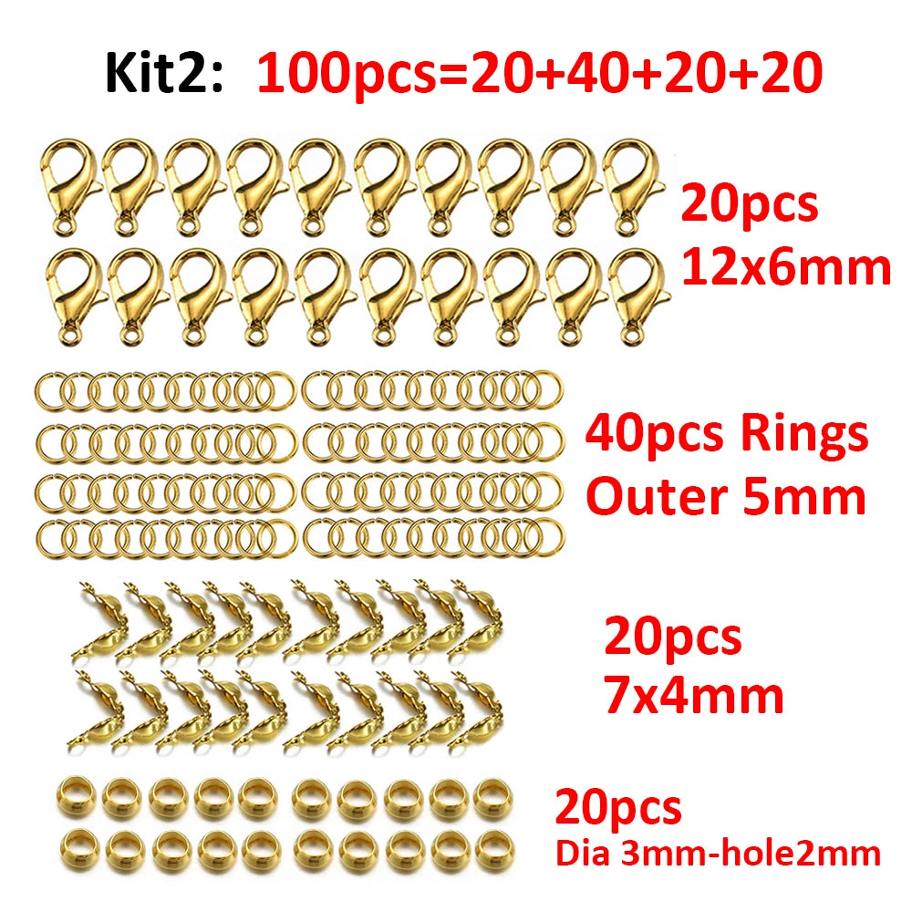 100pcs Jewelry Making Kit Components Lobster Clasp Jump Rings Connector Crimp End Beads for DIY Bracelet Necklace Chains