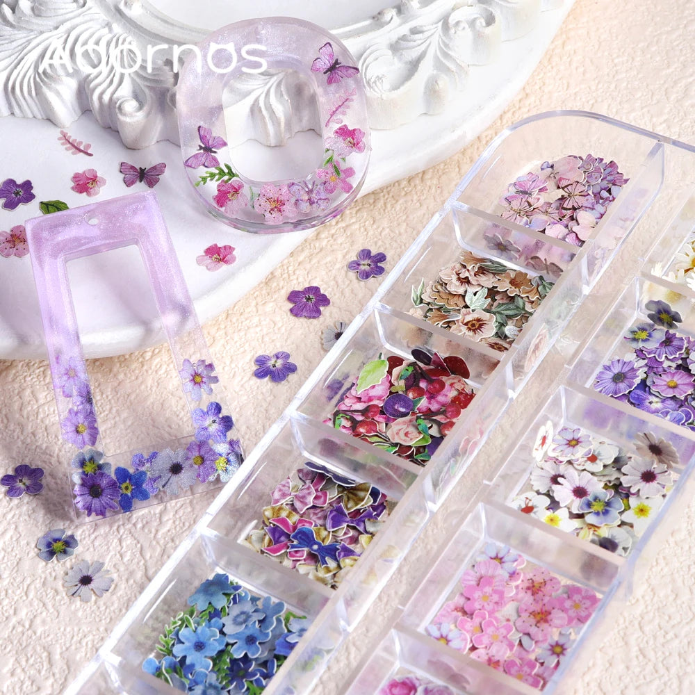 12 Grids Flower Wood Pulp Chips Epoxy Resin Filling Rose Iris Vetiver Flower Butterfly Shape Decorative Paper Flower DIY Crafts