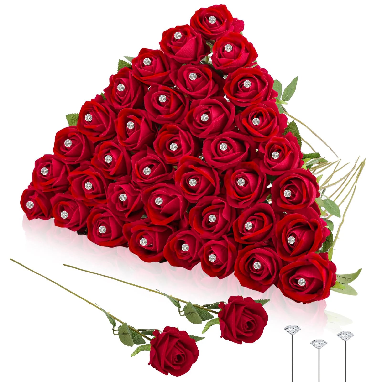 12-200Pcs Artificial Rose Flower Silk Roses with Diamond Valentine's Day Gift Fake Roses Red Roses for DIY Wedding Party Decor