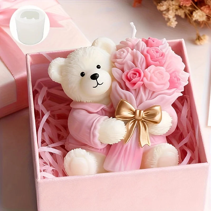 Cute Bear Holding Flower 3D Silicone Mold for Clay Candle Plaster Craft, Valentine Wedding Christmas Birthday Gift Decor