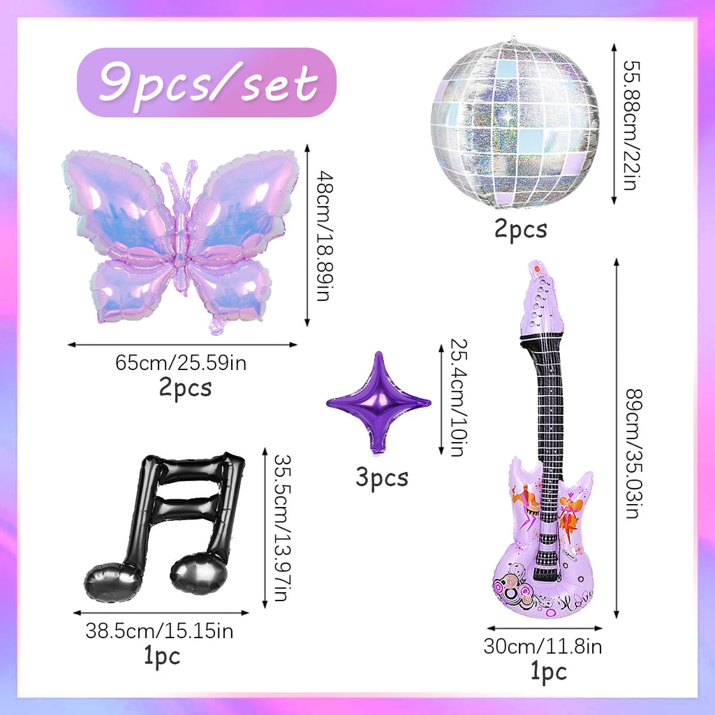 9 pcs 80s/90s music themed party balloons, disco ball, guitar balloon, purple butterfly, disco birthday party, rock theme