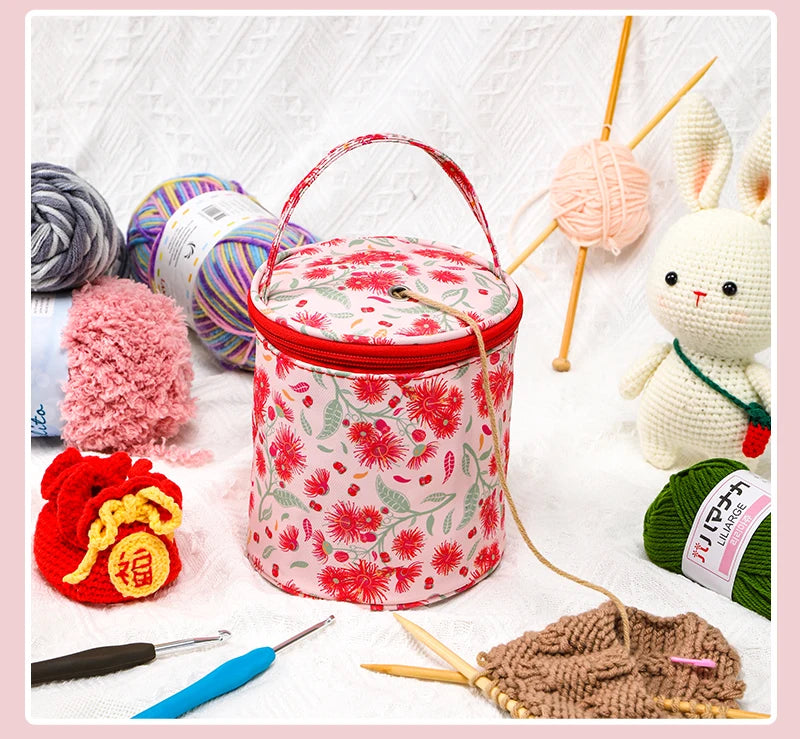 Round Yarn Handheld Storage Bag Portable Knitting Bag with Thread Hole DIY Yarn Sewing Tools Organize Crochet Hook Storage Bag