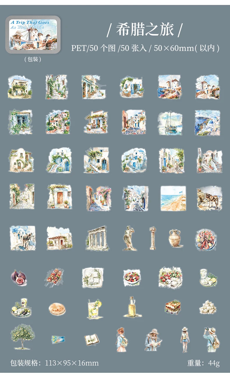 50pcs，Travel Scenery Themed Stickers Pack, Scrapbook Stickers，Perfect for Notebook Phone Case Diary Deco，Stationery  Supplies