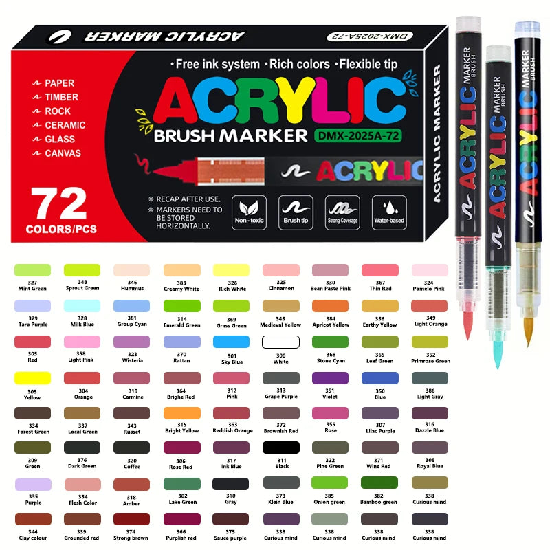 Acrylic  Markers Brush Tip Paint Marker 12-72 Colors Acrylic Paint Pen for Rock Canvas Wood Ceramic Adult Coloring DIY Crafts