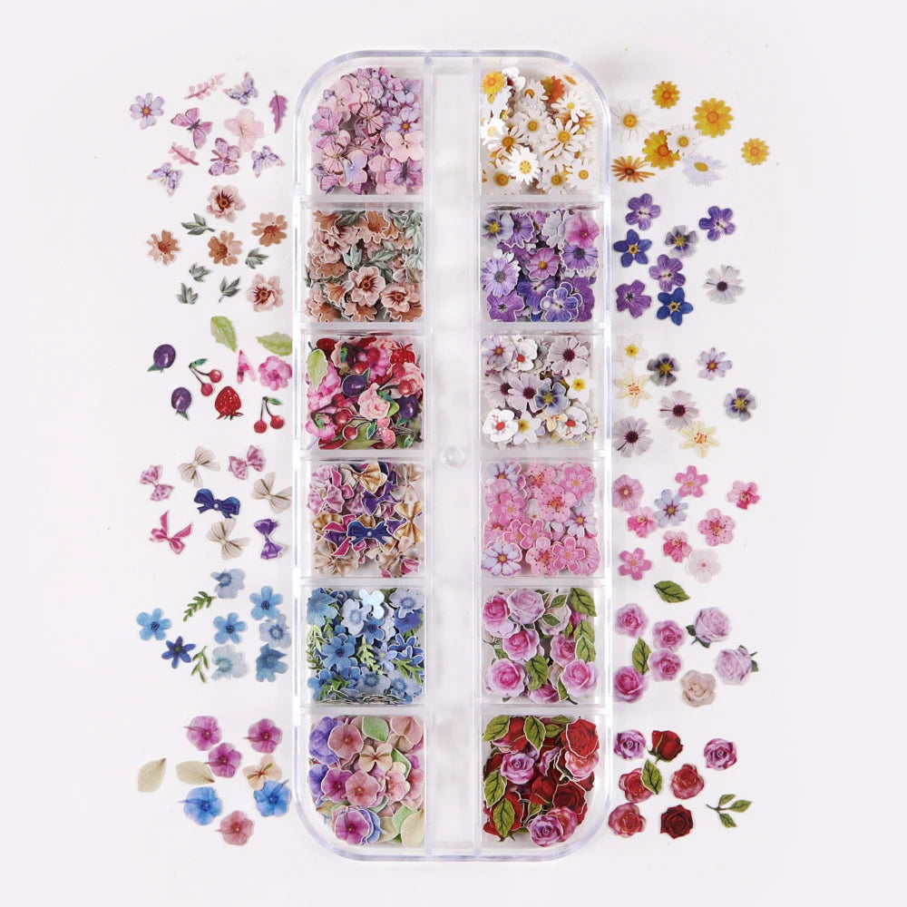 12 Grids Flower Wood Pulp Chips Epoxy Resin Filling Rose Iris Vetiver Flower Butterfly Shape Decorative Paper Flower DIY Crafts