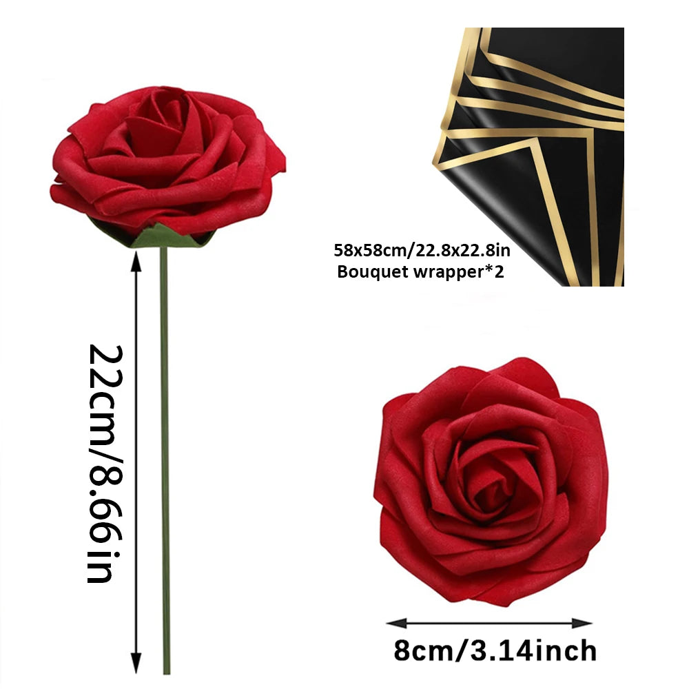 Red Rose Artificial Flowers DIY Bouquets 25PCS Set PE Roses Fake Flower for Wedding Party Centerpieces Decor Valentines Gifts