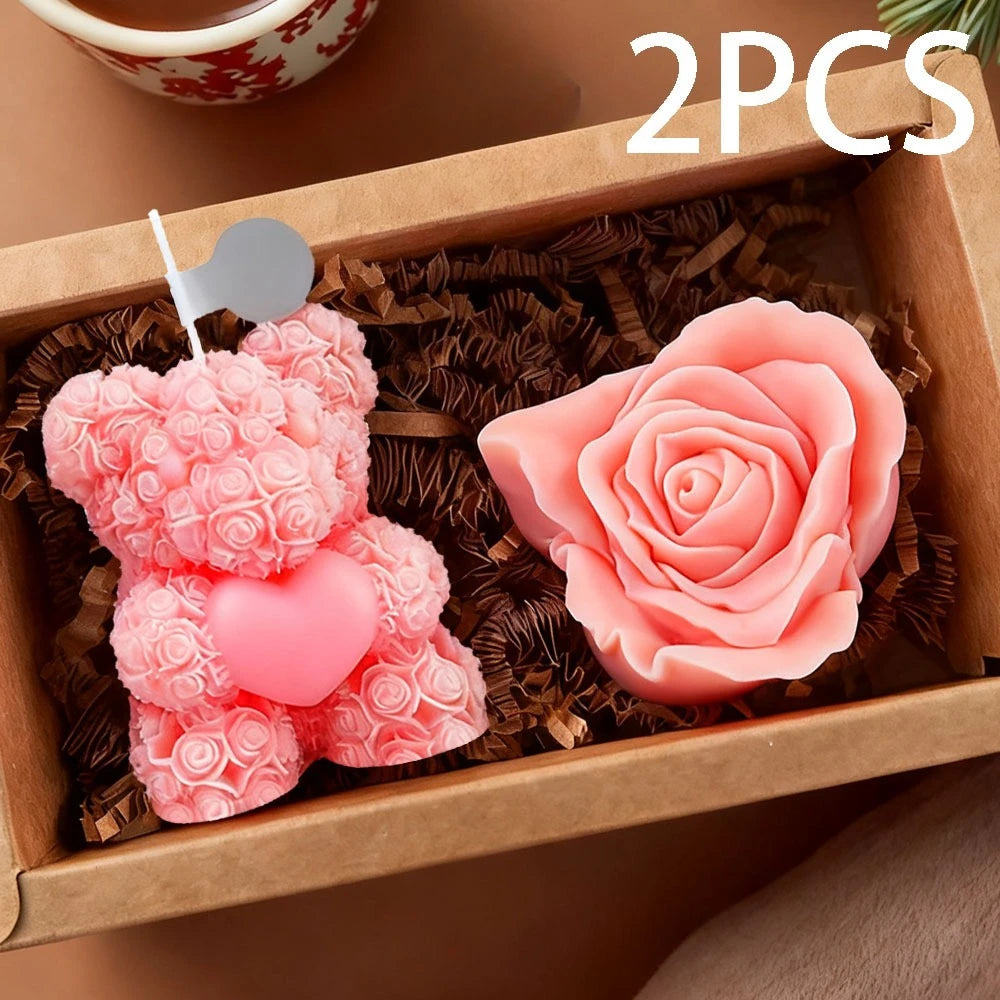 4 Style 2pcs Set Valentine's Day Teddy Bear Silicone Candle Mold Romantic Rose Heart Flower Gypsum Soap Making Tool DIY Souvenir