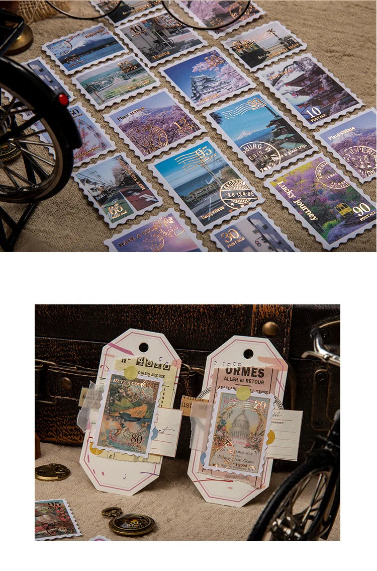 6style 30 pcs Travel Philatelic Stamp Decorative Gold Stickers DIY Scrapbook Label Diary Stationery Album Journal Sticker