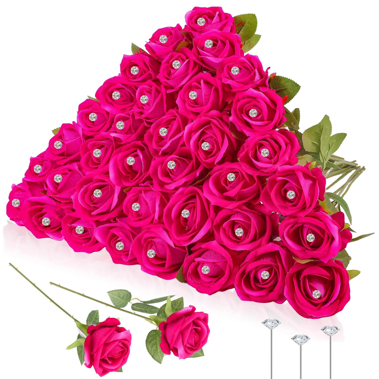 12-200Pcs Artificial Rose Flower Silk Roses with Diamond Valentine's Day Gift Fake Roses Red Roses for DIY Wedding Party Decor