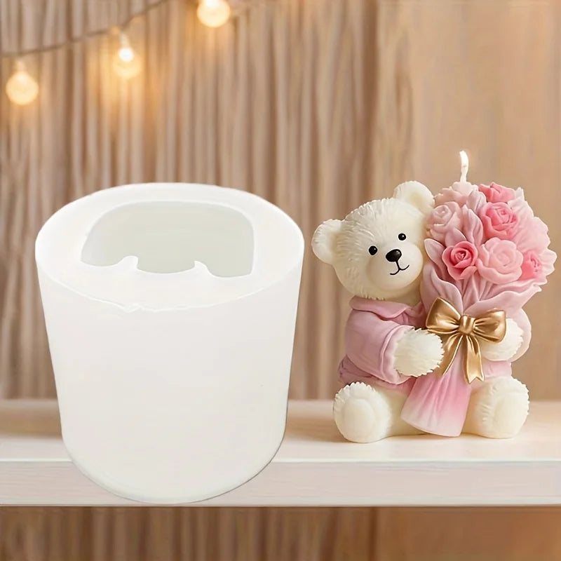 Cute Bear Holding Flower 3D Silicone Mold for Clay Candle Plaster Craft, Valentine Wedding Christmas Birthday Gift Decor