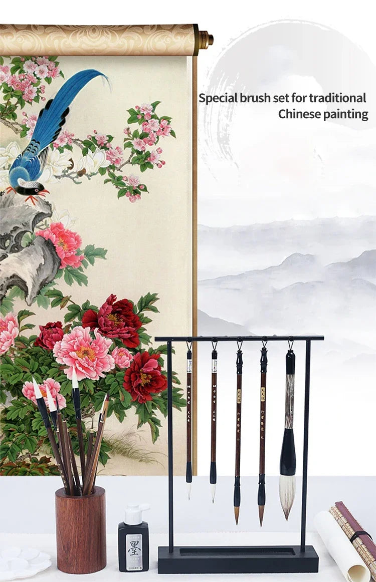 6/9/12/16Pcs Chinese Calligraphy Brushes Set with Roll-up Bamboo Brush Holder Sumi Painting Writing Kanji Art Watercolor Brush