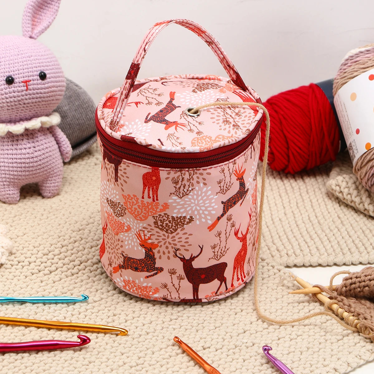 Round Yarn Handheld Storage Bag Portable Knitting Bag with Thread Hole DIY Yarn Sewing Tools Organize Crochet Hook Storage Bag