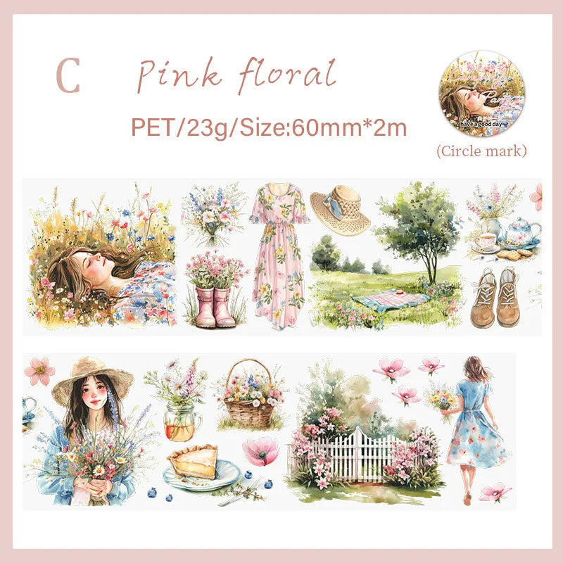 Journamm 60mm*2m Transparent PET Aesthetic Tape Flower Tape Decor Junk Journal DIY Scrapbooking School Supplies Collage Tapes