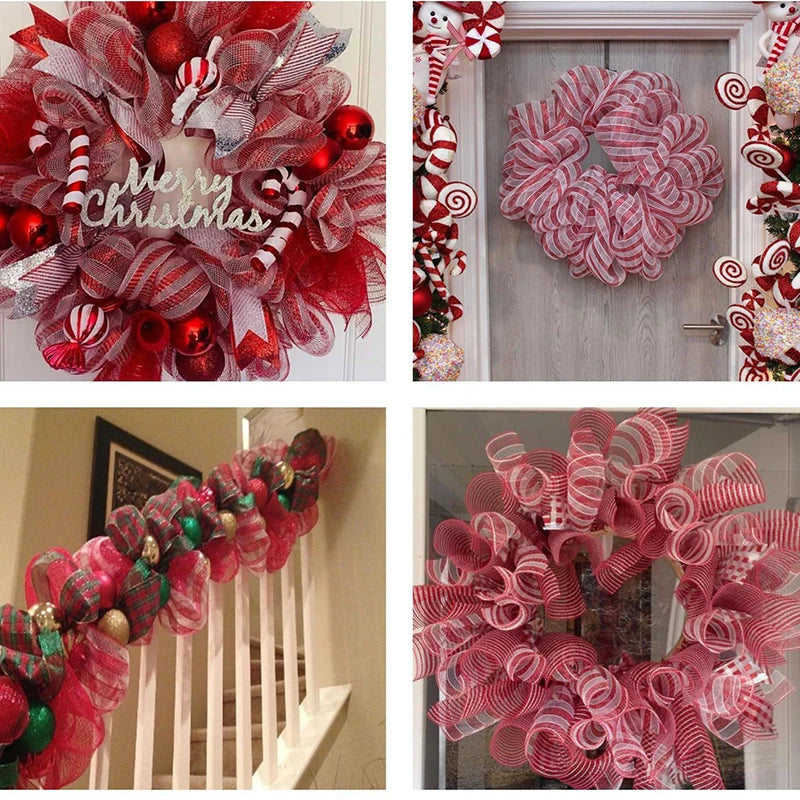 10Yards Christmas Red White Mesh Candy Cane Decoration Tulle Roll DIY Xmas Tree Ribbon Wreath Bow Wrapping Party New Year Gift
