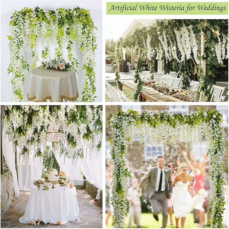 24PCS Artificial Wisteria Flowers Hanging Garland Fake Ivy Vine Flower String for Arch Wedding Party Home Room Decoration Flower