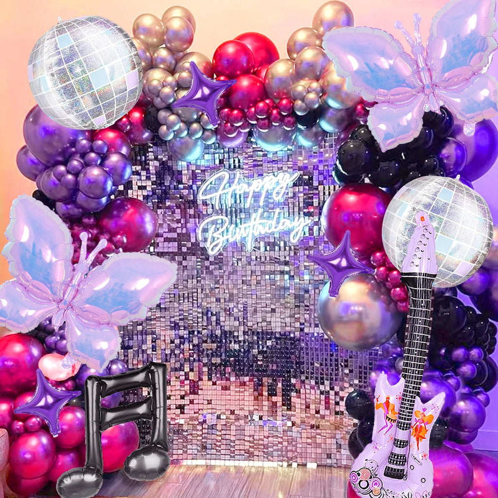 9 pcs 80s/90s music themed party balloons, disco ball, guitar balloon, purple butterfly, disco birthday party, rock theme