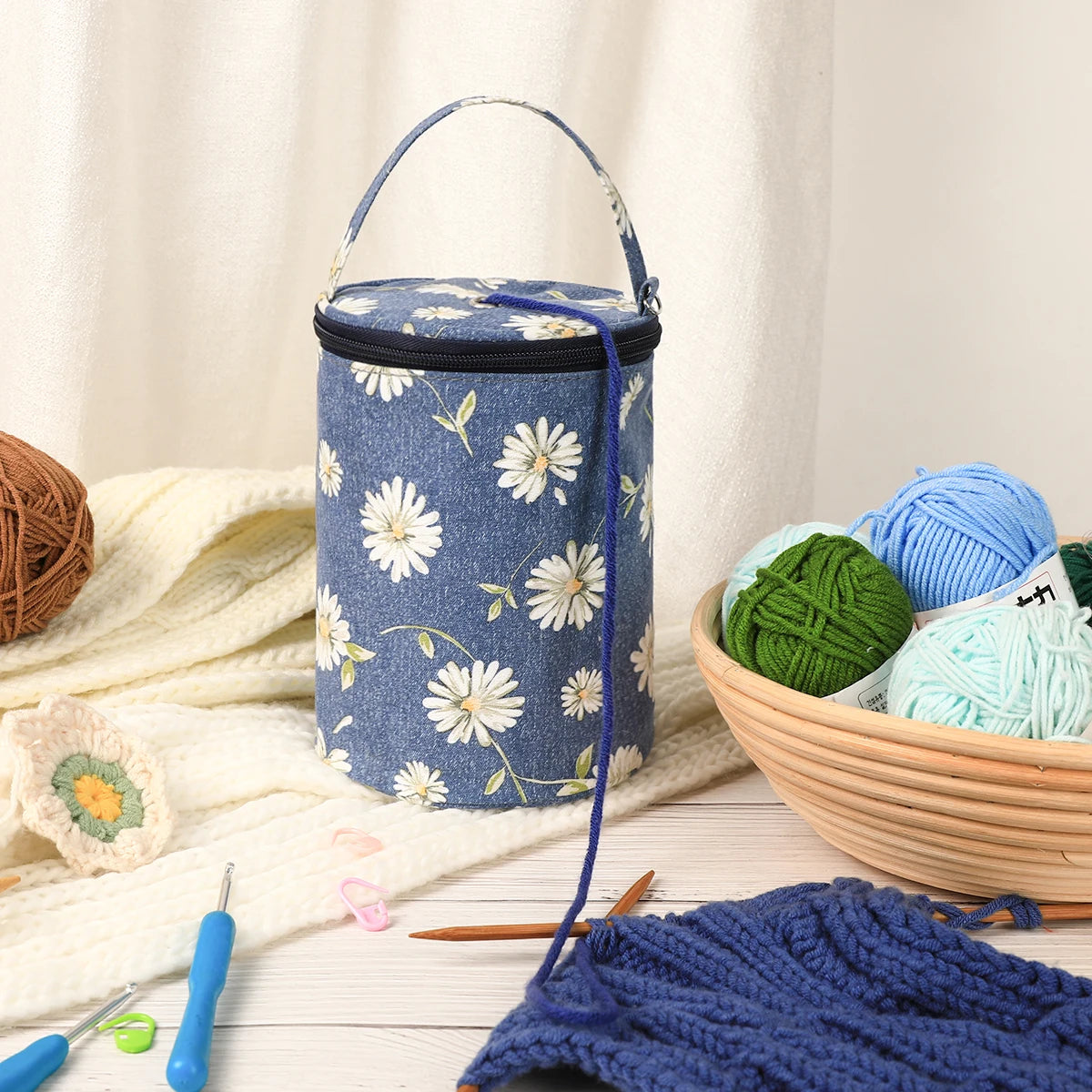 Portable Round Yarn Storage Bags Knitting Wool Yarn Bags Organizer Waterproof Crochet Hooks Bag for Sewing Accessories Tools