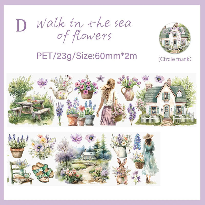 Journamm 60mm*2m Transparent PET Aesthetic Tape Flower Tape Decor Junk Journal DIY Scrapbooking School Supplies Collage Tapes