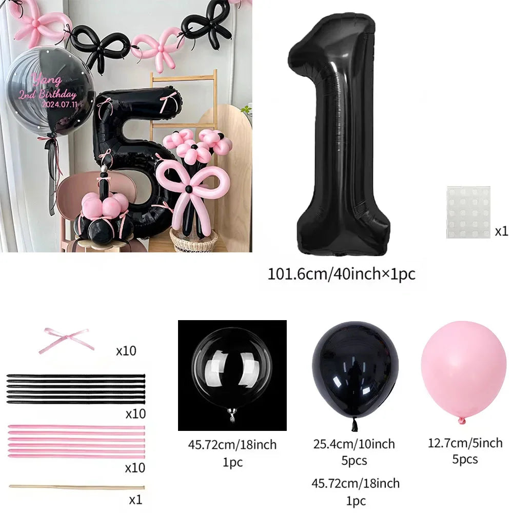 45 Pieces Pink Latex Balloon Black Number Balloon Set  for Girls Pink Butterfly Birthday Party, Anniversary Decoration (0-9)